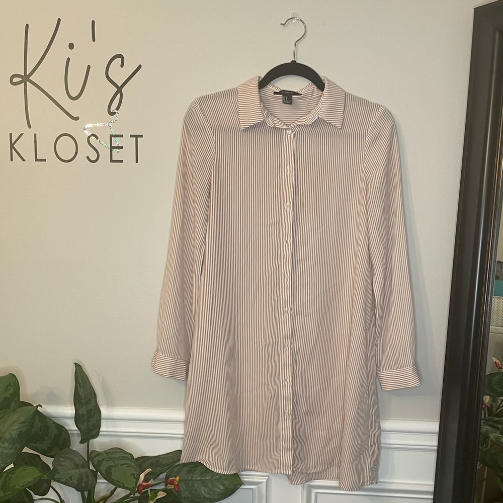 Beige and White Striped Button Up Dress